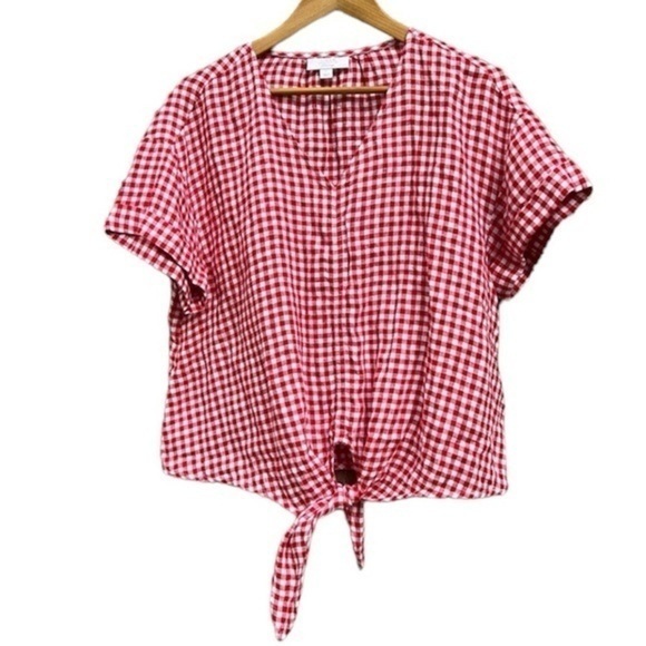 Charter Club 100% Linen‎ Shirt Women's Size Large Front Tie Check Casual Picnic - Picture 1 of 10